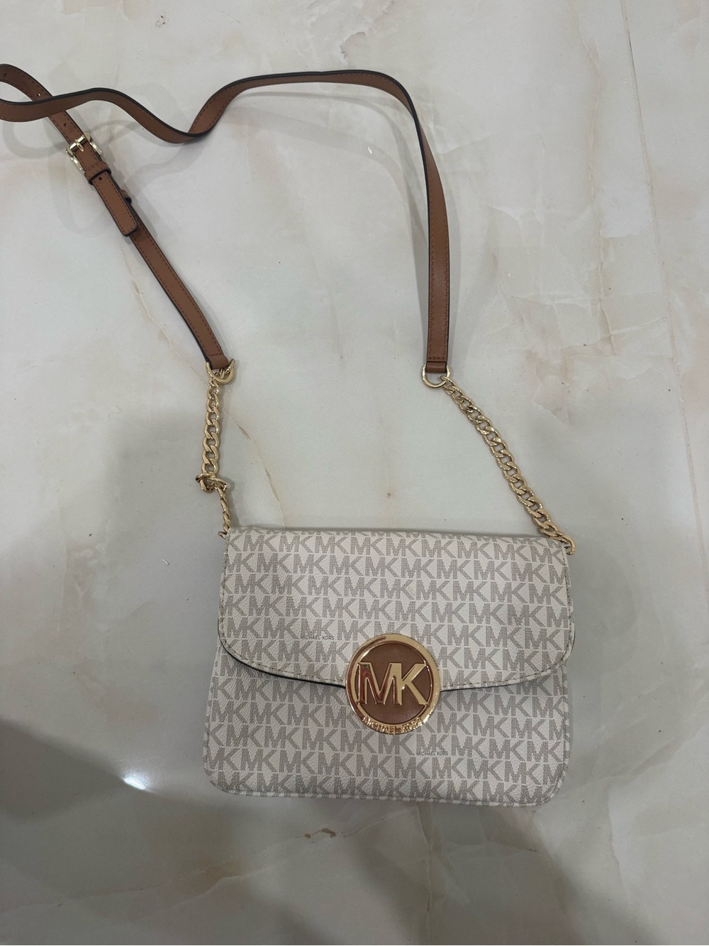 Michael Kors Cream Logo Crossbody with Brown Strap and Gold Hardware
